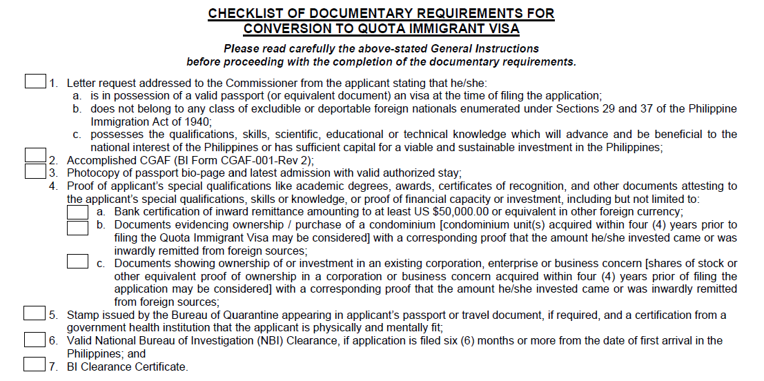 Quota Visa Reqirements